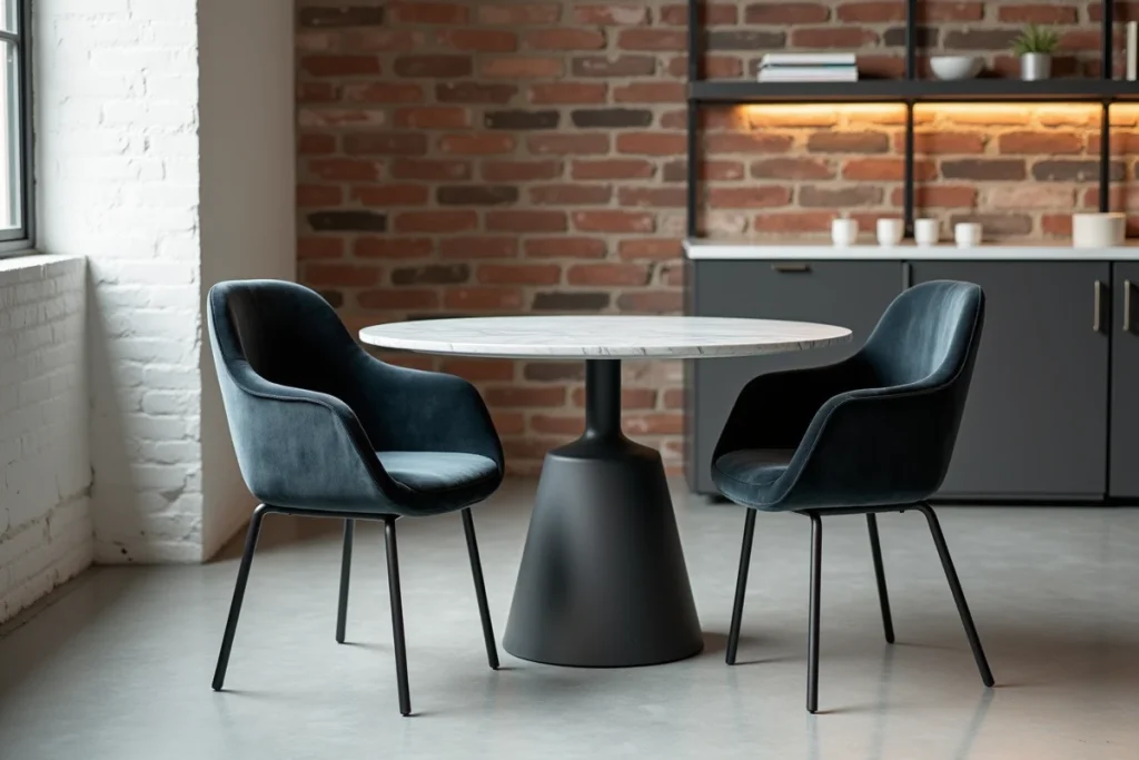 Chaises modernes d'occasion à cadre métallique noir et velours gris autour d'une table en marbre dans un loft urbain