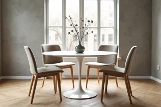 Chaises de salle à manger modernes d'occasion en bois clair autour d'une table ovale blanche dans un appartement scandinave