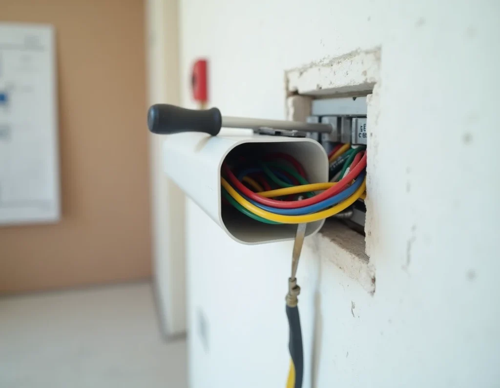Détail d'un conduit GTL ouvert avec câbles électriques colorés organisés lors d'une rénovation