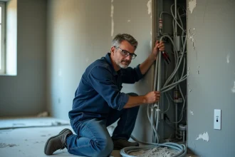 Électricien en train de poser des conduits GTL lors d'une rénovation intérieure d'appartement