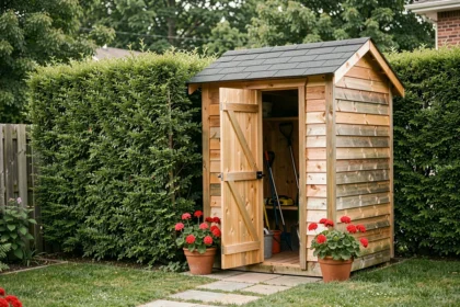 Petit abri de jardin en bois intégré dans un jardin paysager sans permis de construire