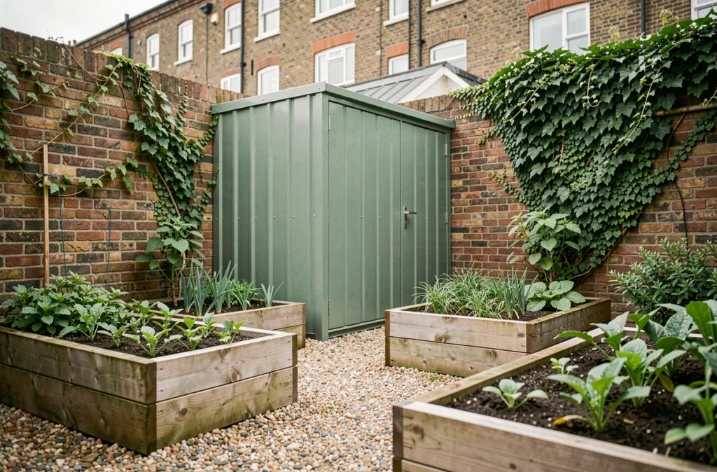 Abri de jardin en métal vert intégré dans un petit jardin urbain en respectant les règles d'urbanisme