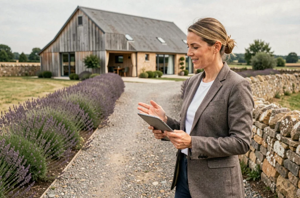 Agent immobilier présentant une grange rénovée en maison moderne dans un village rural français avec rangées de lavande