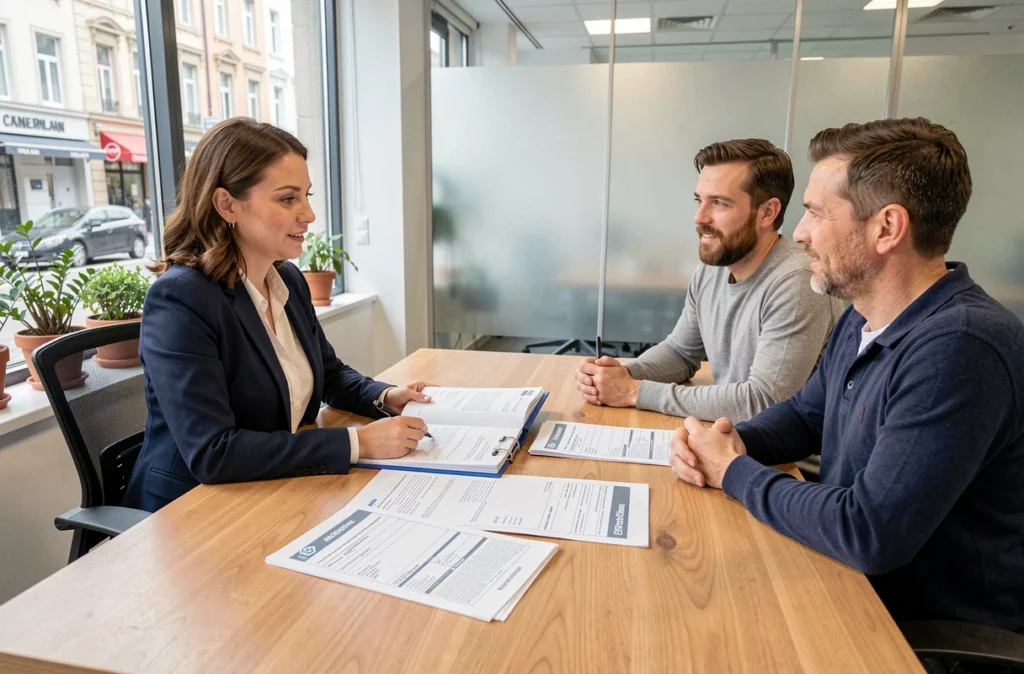 Agente immobilière présentant les diagnostics obligatoires à des acheteurs dans une agence immobilière