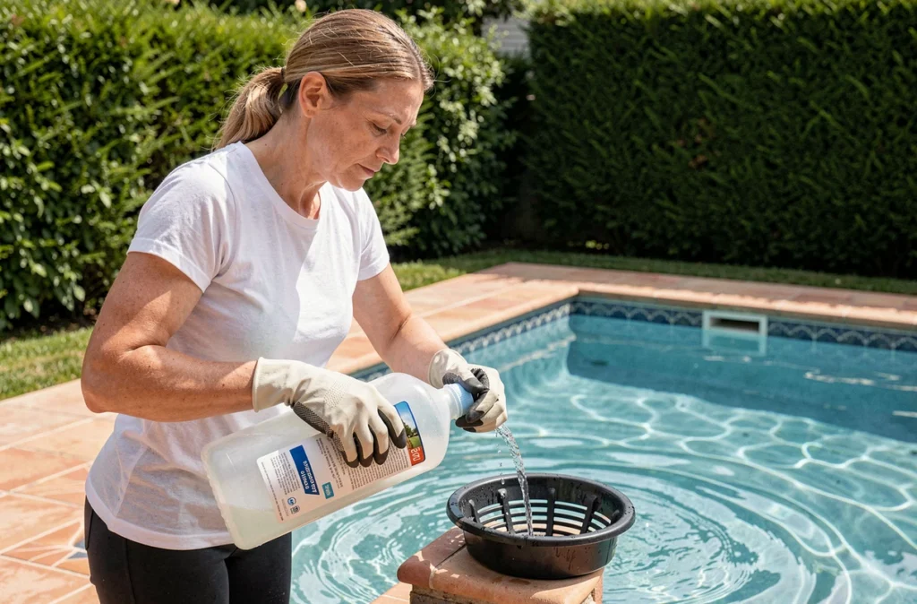 Femme ajoutant du chlore dans le skimmer d'une piscine résidentielle lors de l'entretien hebdomadaire