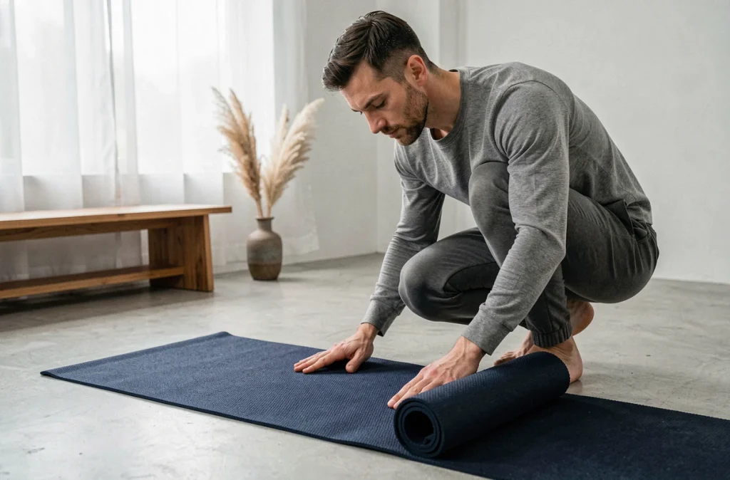 Homme déposant un tapis japonisant sur un sol en béton pour aménager un espace de méditation zen à la maison