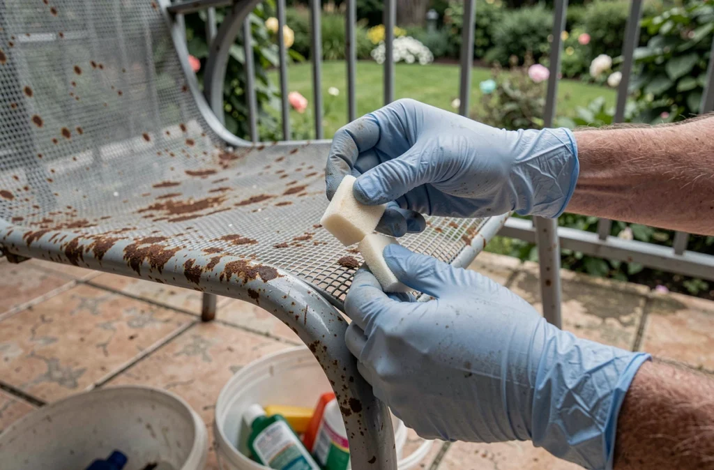Gros plan de mains gantées appliquant un traitement antirouille sur l'accoudoir d'une chaise de jardin en acier tubulaire