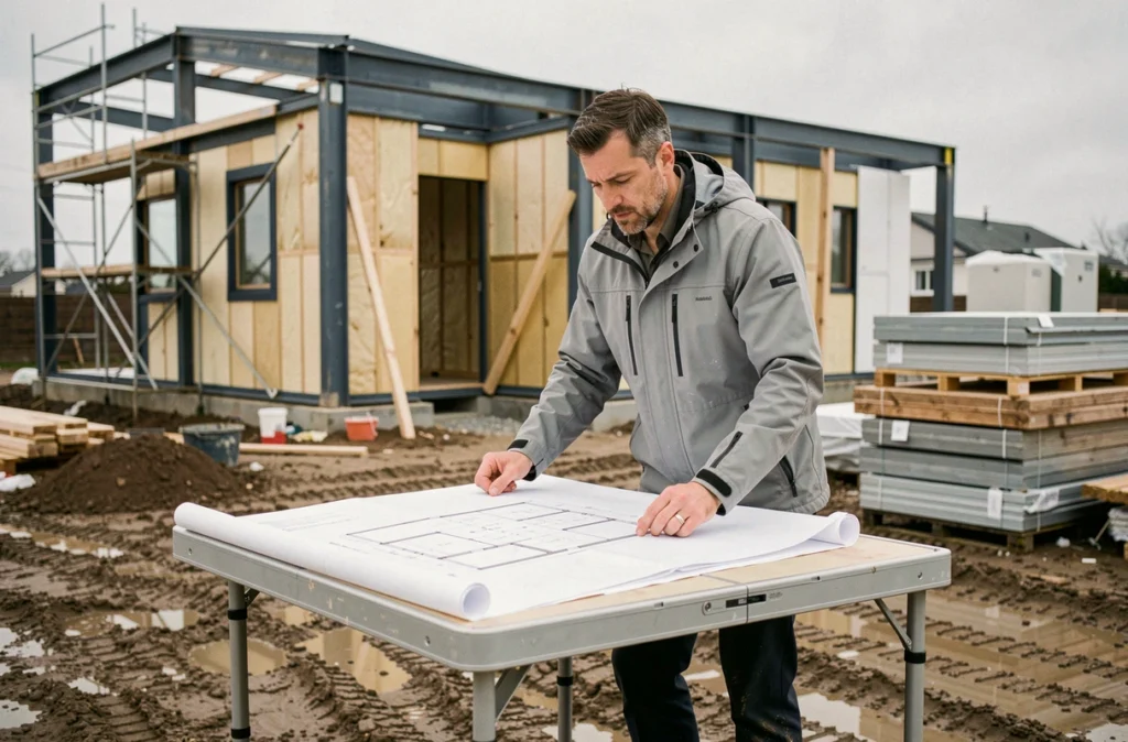 Architecte consultant des plans sur un chantier de construction de logements neufs contemporains