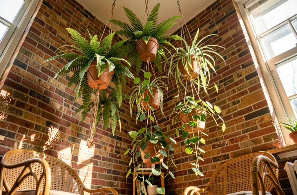 Coin salon bohème avec arrangement de cinq plantes suspendues à différentes hauteurs, style naturel et végétal