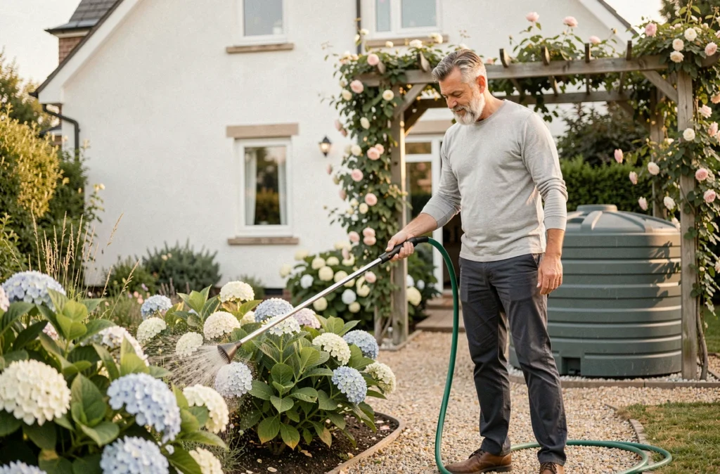 Homme arrosant ses fleurs avec l'eau récupérée depuis une cuve de récupération d'eau de pluie dans son jardin