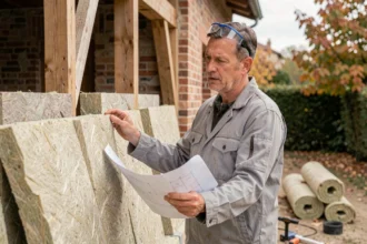 Artisan inspectant des panneaux d'isolation thermique sur une façade de maison lors d'une rénovation énergétique