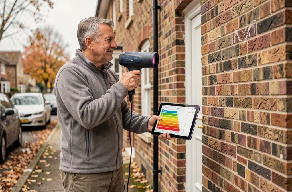 Auditeur énergétique réalisant un diagnostic de performance énergétique DPE sur une maison individuelle