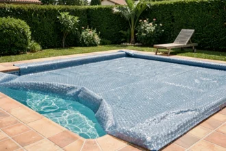 Bâche à bulles bleue déroulée sur une piscine rectangulaire dans un jardin avec carrelage en terre cuite