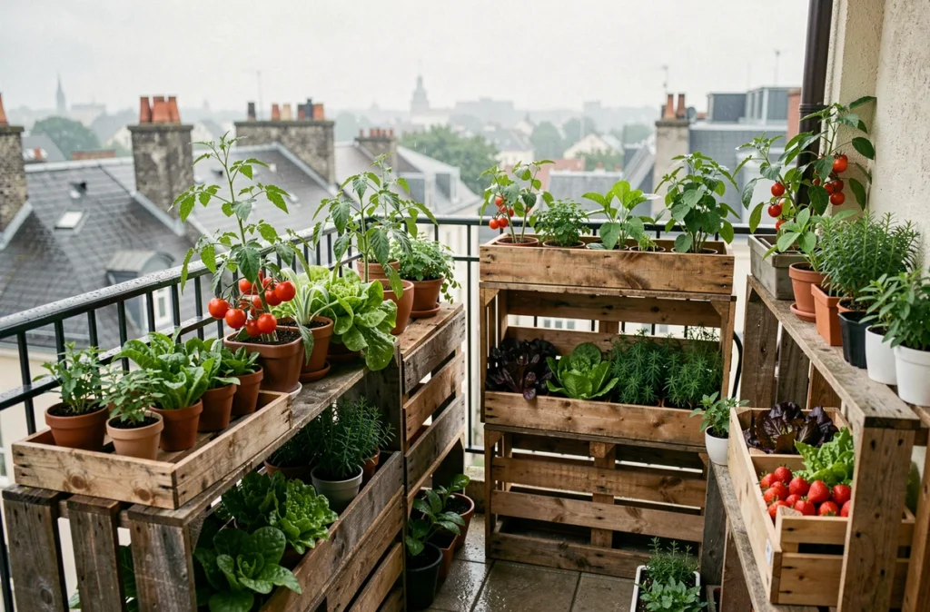 Balcon urbain transformé en potager productif avec des palettes en bois recyclées et des légumes variés