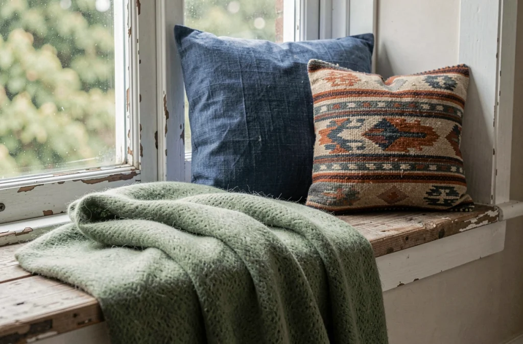 Banquette de fenêtre de chambre décorée de coussins en lin indigo, oreiller berbère et plaid mohair vert sauge mélangés harmonieusement