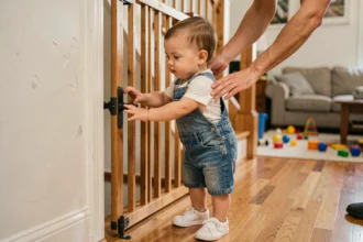 Tout-petit en salopette en jean touchant un portail de sécurité en bois en haut d'un escalier, avec la main rassurante d'un parent à côté