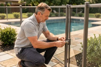 Propriétaire inspectant le loquet d'une barrière de sécurité en verre autour d'une piscine familiale dans un jardin