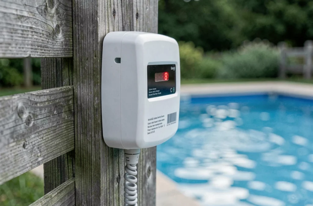 Gros plan sur un boîtier d'alarme de piscine homologué fixé sur un poteau de clôture