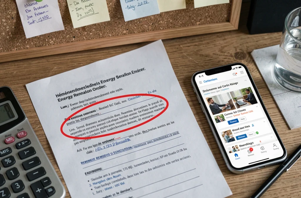 Bon de commande de rénovation énergétique avec clause surlignée et avis consommateurs affichés sur smartphone