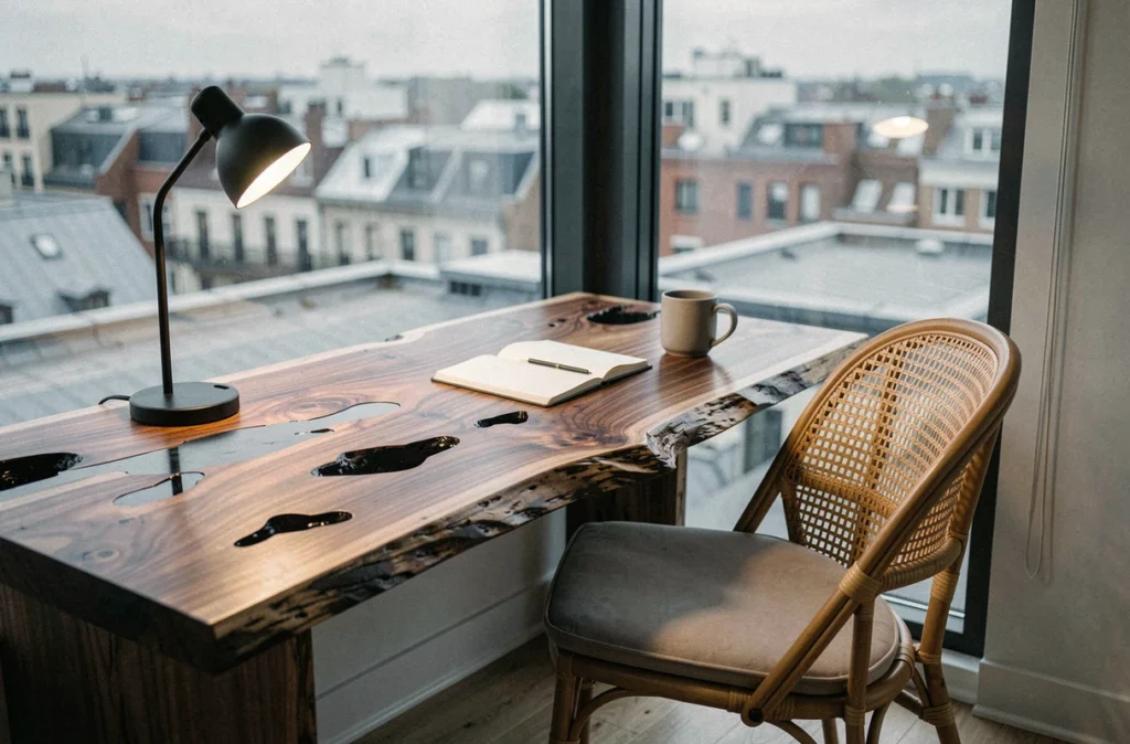 Bureau en noyer à tranche vive avec époxy noir dans un coin home office face à une fenêtre urbaine