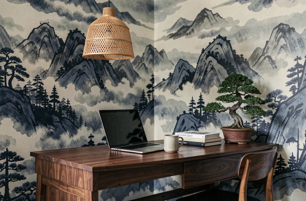 Bureau à domicile avec papier peint panoramique paysage japonais en indigo et bureau en noyer massif