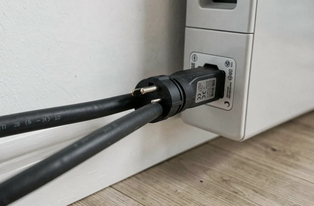 Gros plan sur un câble électrique renforcé et une prise 16 ampères dédiée pour radiateur électrique fixé au mur