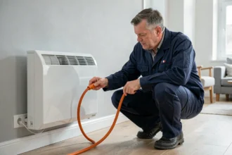 Électricien inspectant le câble électrique d'un radiateur électrique branché sur une prise dédiée dans un appartement moderne
