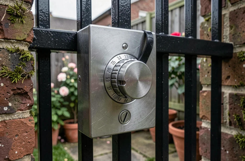 Gros plan sur un cadenas à combinaison en acier inoxydable fixé sur un portail de jardin métallique