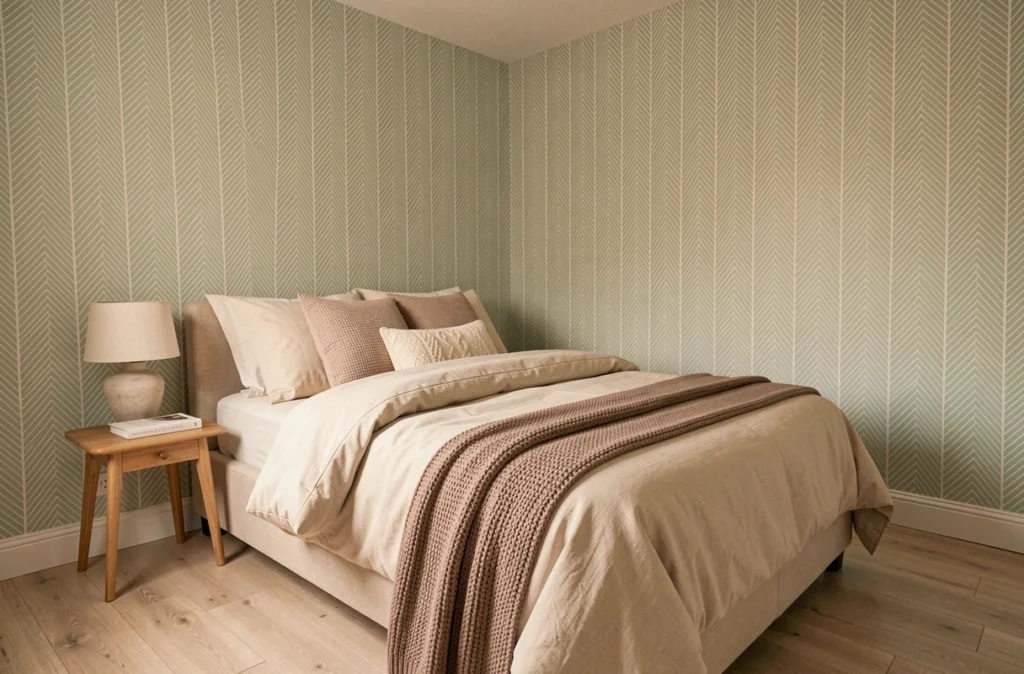 Chambre à coucher moderne avec papier peint géométrique vert sauge, literie neutre superposée et table de chevet en bois