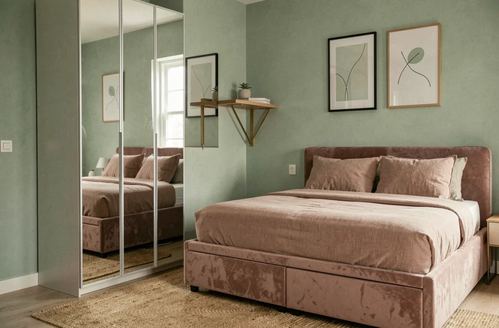 Chambre compacte avec lit coffre en velours, armoire miroir et tablette murale pour optimiser chaque centimètre carré