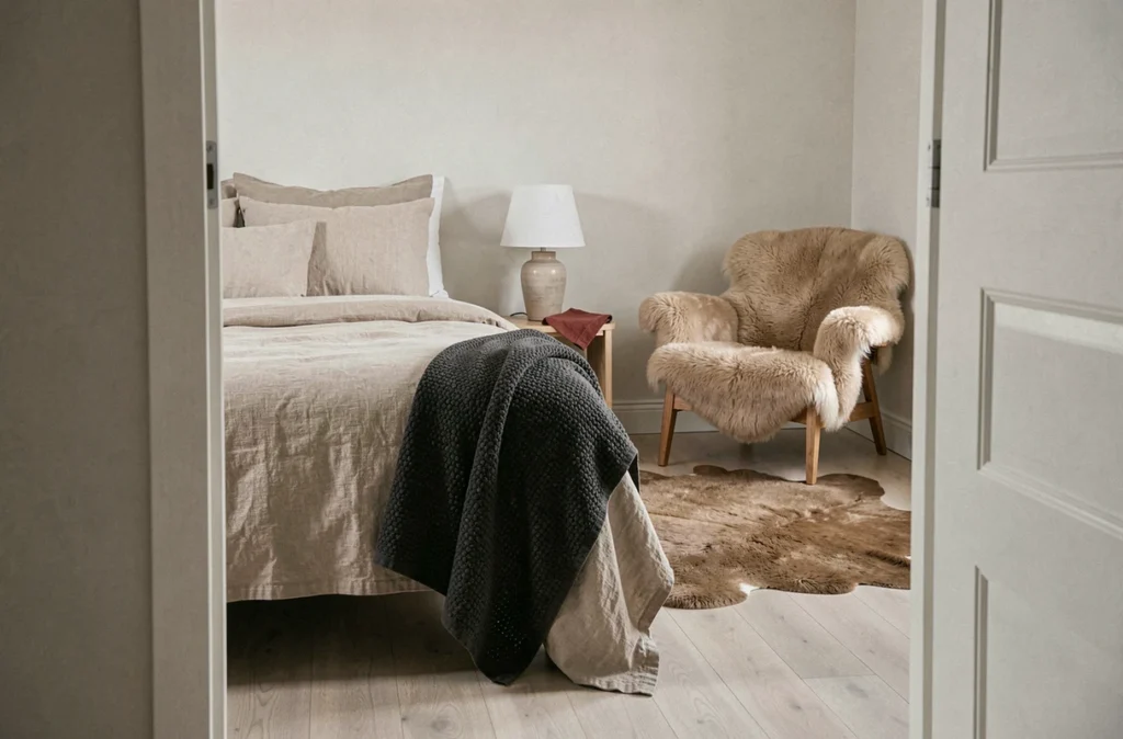 Chambre scandinave avec mélange de textiles : couvre-lit en lin, plaid boucle anthracite, peau de mouton et détails coton terracotta pour une déco chaleureuse