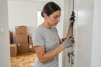 Femme en train de changer le cylindre d'une serrure de porte d'appartement lors d'un déménagement