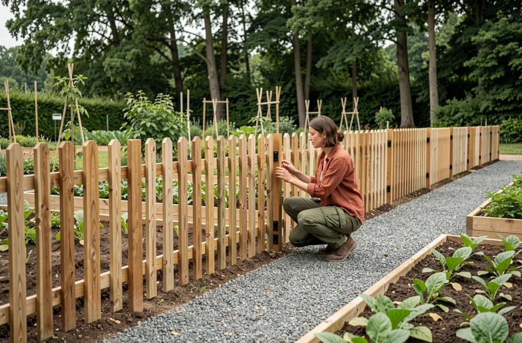 Femme inspectant une clôture en bois de jardin potager entièrement posée avec chemin de gravier et massifs surélevés