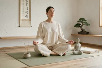 Femme en méditation assise sur un tapis japonisant dans un coin zen minimaliste avec encens et bonsaï