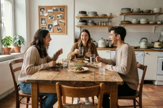 Trois colocataires partageant un repas convivial dans une cuisine d'un appartement parisien