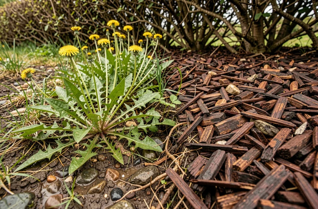 Comparaison entre zone paillée et zone envahie par les mauvaises herbes au pied d'une haie