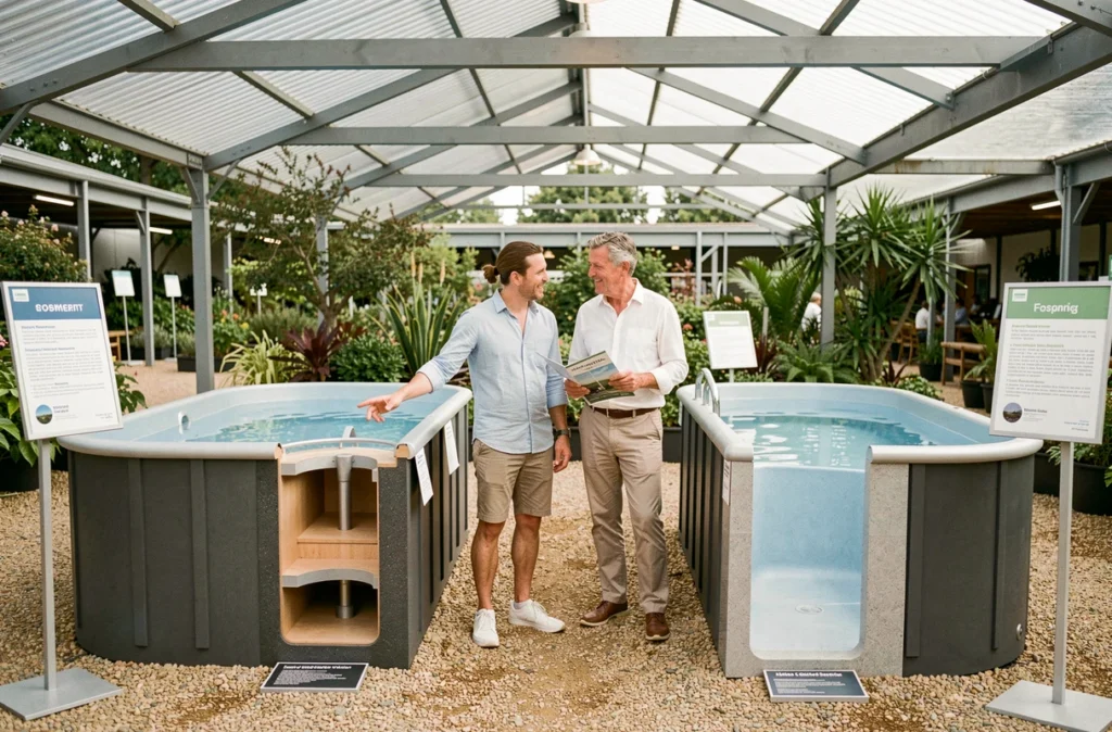Couple comparant une piscine hors-sol et une piscine enterrée dans un espace d'exposition de jardin