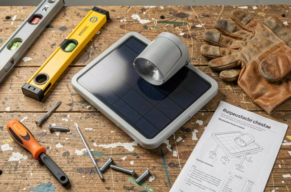 Détail des composants d'un éclairage solaire extérieur prêts à être installés sur un établi