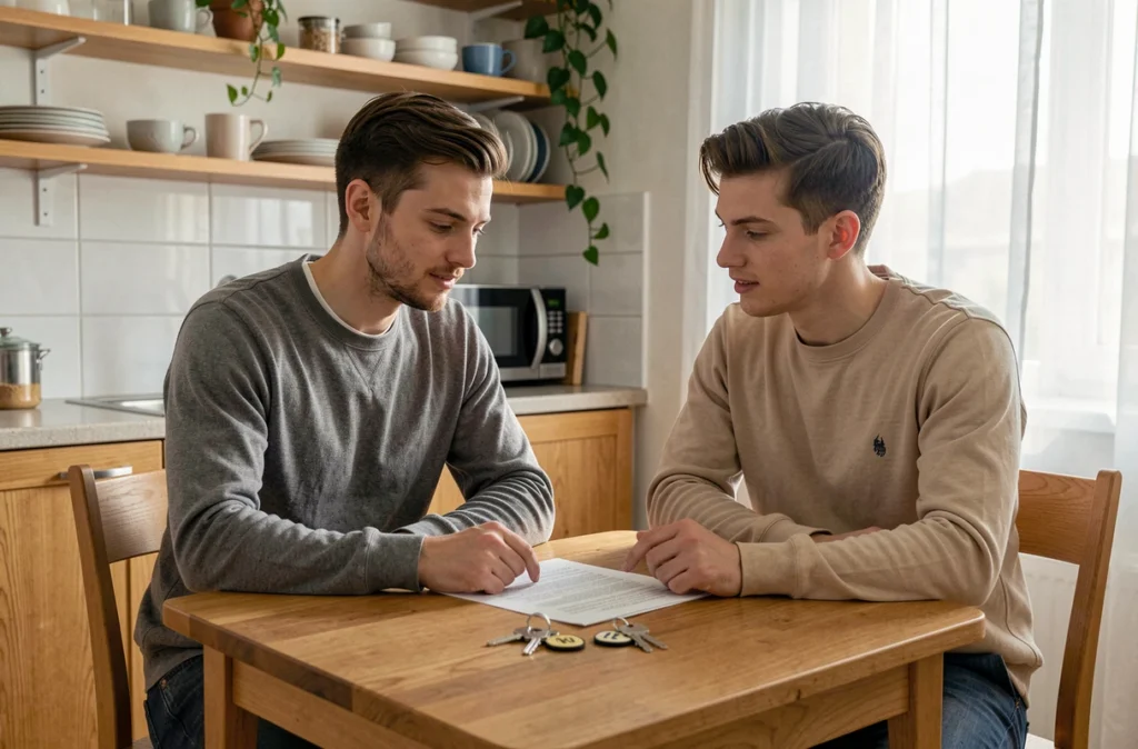 Couple de locataires examinant un contrat de location avec des doubles de clés posés sur la table