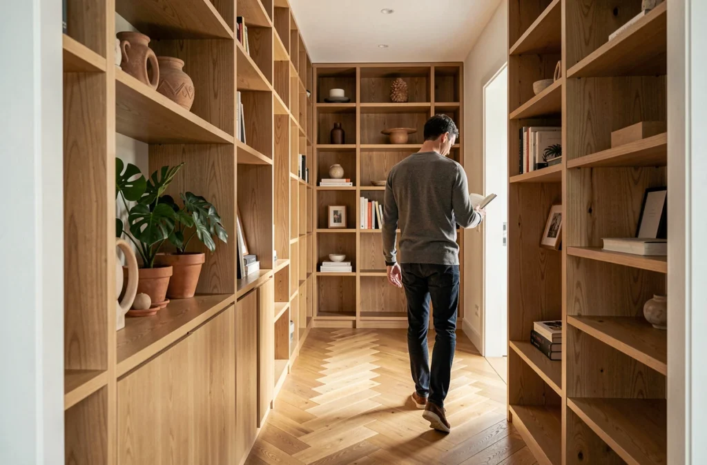 Couloir optimisé d'une maison de plain-pied en L avec rangements intégrés et parquet en chevrons