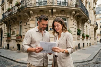 Couple d'acquéreurs devant une façade haussmannienne examinant une annonce immobilière dans l'ancien