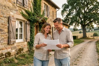 Couple devant une ferme en pierre restaurée à la campagne, consultant des plans immobiliers dans un cadre rural français