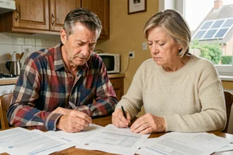 Couple examiinant un bon de commande lié à une rénovation énergétique à domicile avant de signer