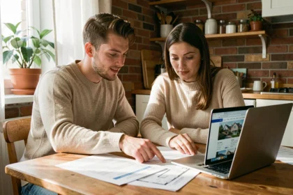 Jeune couple de primo-accédants étudiant des documents de prêt immobilier autour d'une table en bois dans un appartement chaleureux