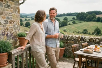 Couple de citadins profitant de leur résidence secondaire en campagne, sur la terrasse d'un cottage en pierre avec vue sur la vallée verdoyante