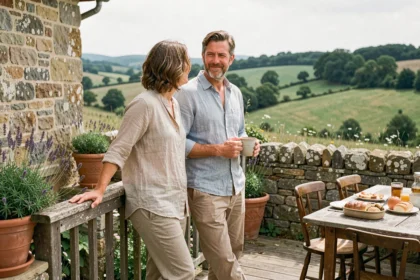 Couple de citadins profitant de leur résidence secondaire en campagne, sur la terrasse d'un cottage en pierre avec vue sur la vallée verdoyante