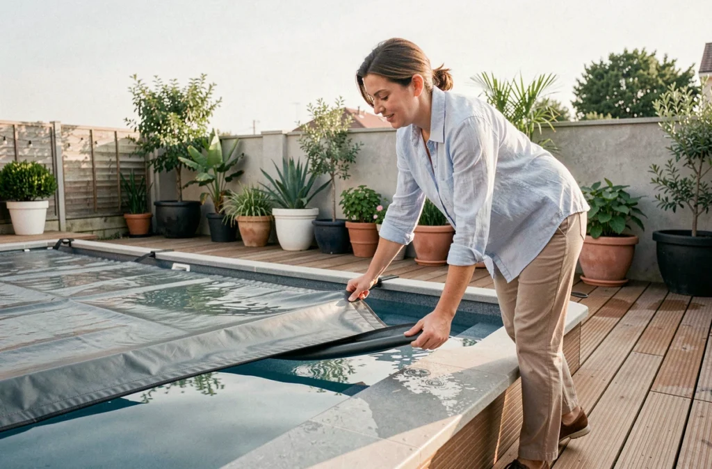 Femme installant une couverture de sécurité rigide sur une piscine privée pour en sécuriser l'accès