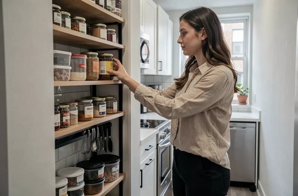 Femme organisant une cuisine étroite avec rangements verticaux, rail magnétique et boîtes empilables pour optimiser l'espace