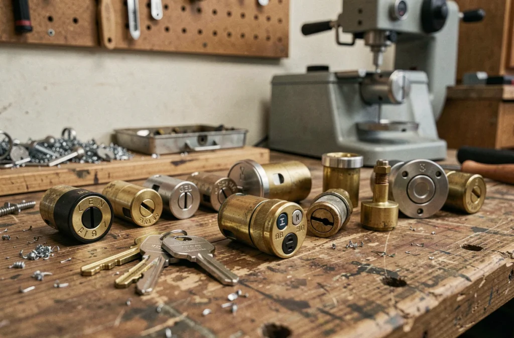Assortiment de cylindres de serrures et clés sur un établi d'atelier de serrurier professionnel