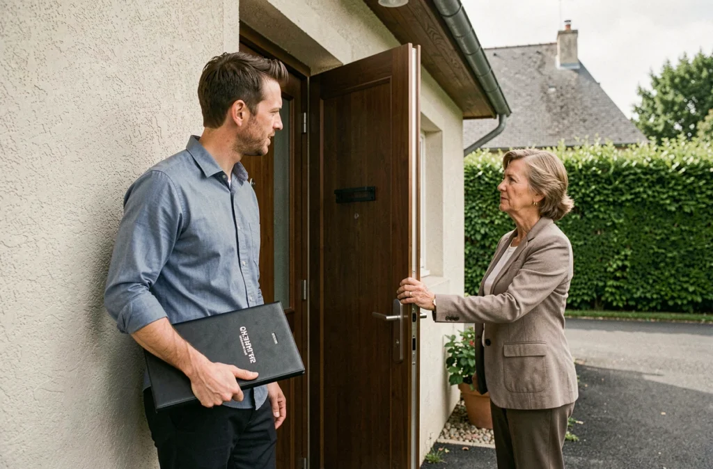 Démarcheur commercial présentant une offre de rénovation énergétique à une propriétaire méfiante sur le seuil de sa maison